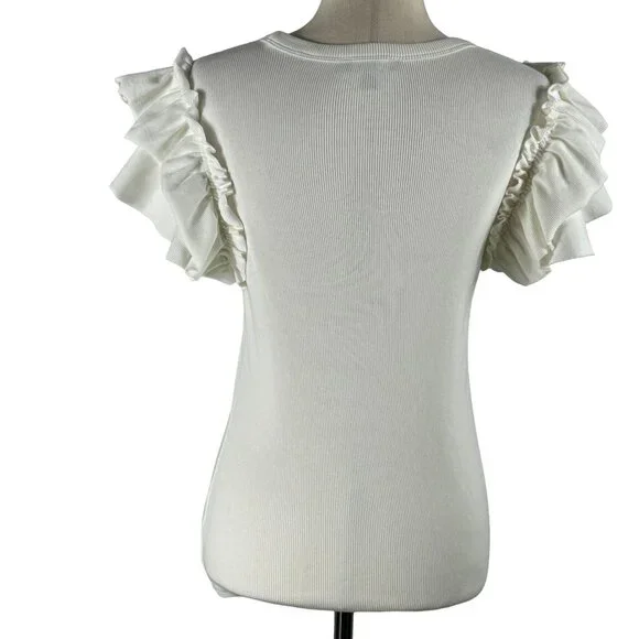 LIKE NEW! EXPRESS Ruffle Sleeve Ribbed Short Sleeve T-Shirt in Cream Siz… - Picture 8 of 8